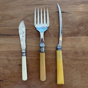 Antique Victorian Fish Knife & 5 Tine Fork Set Bakelite Handles c1900